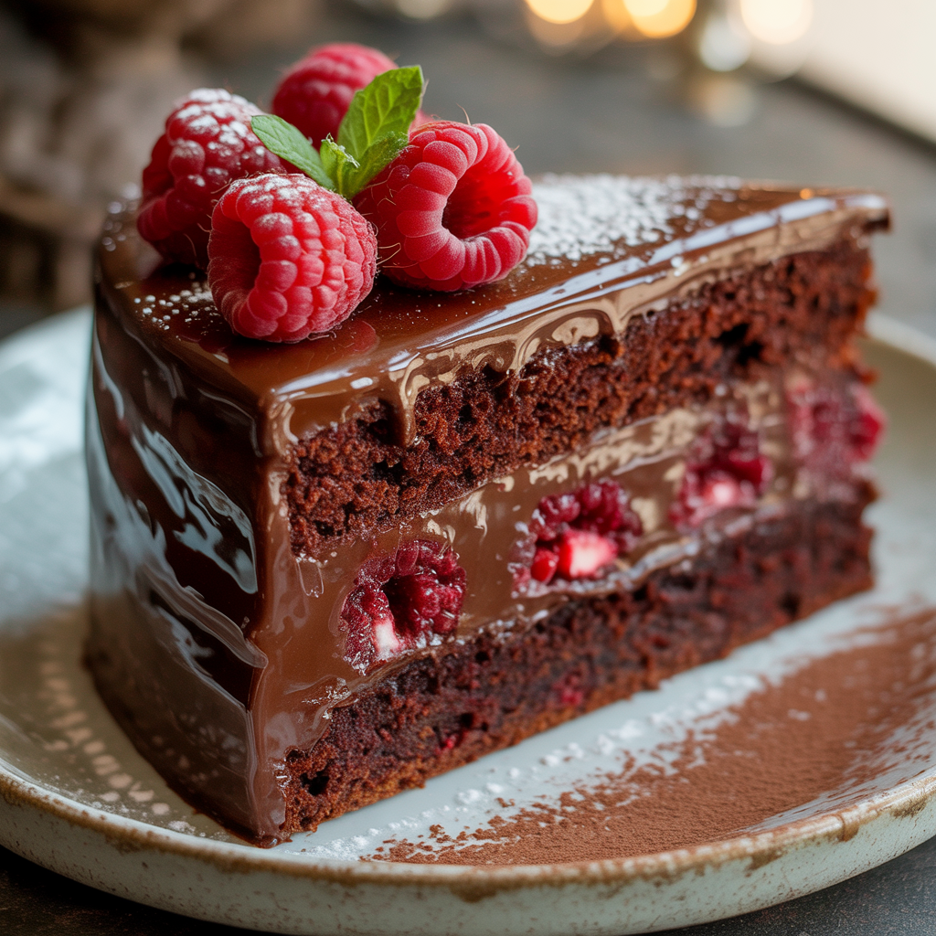 Rich chocolate layer cake with raspberries