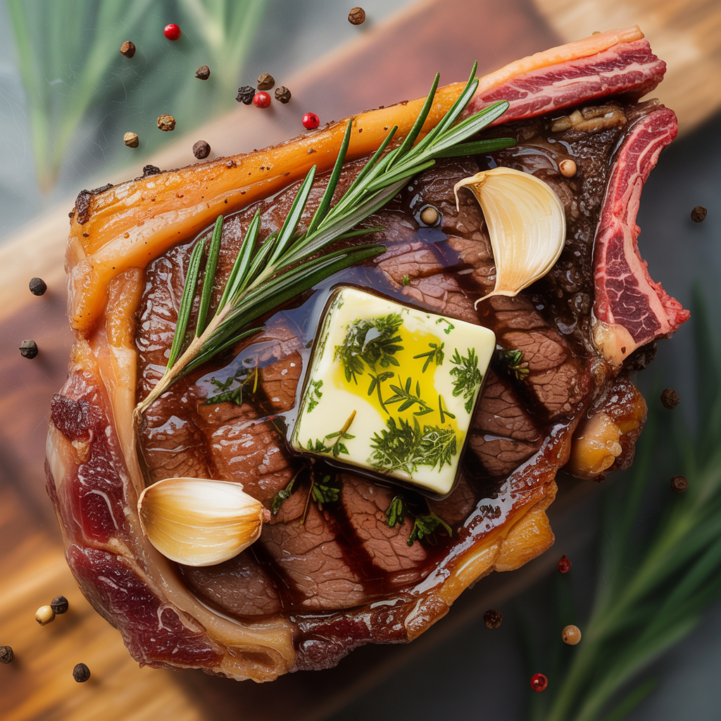 Seared ribeye steak with herb butter